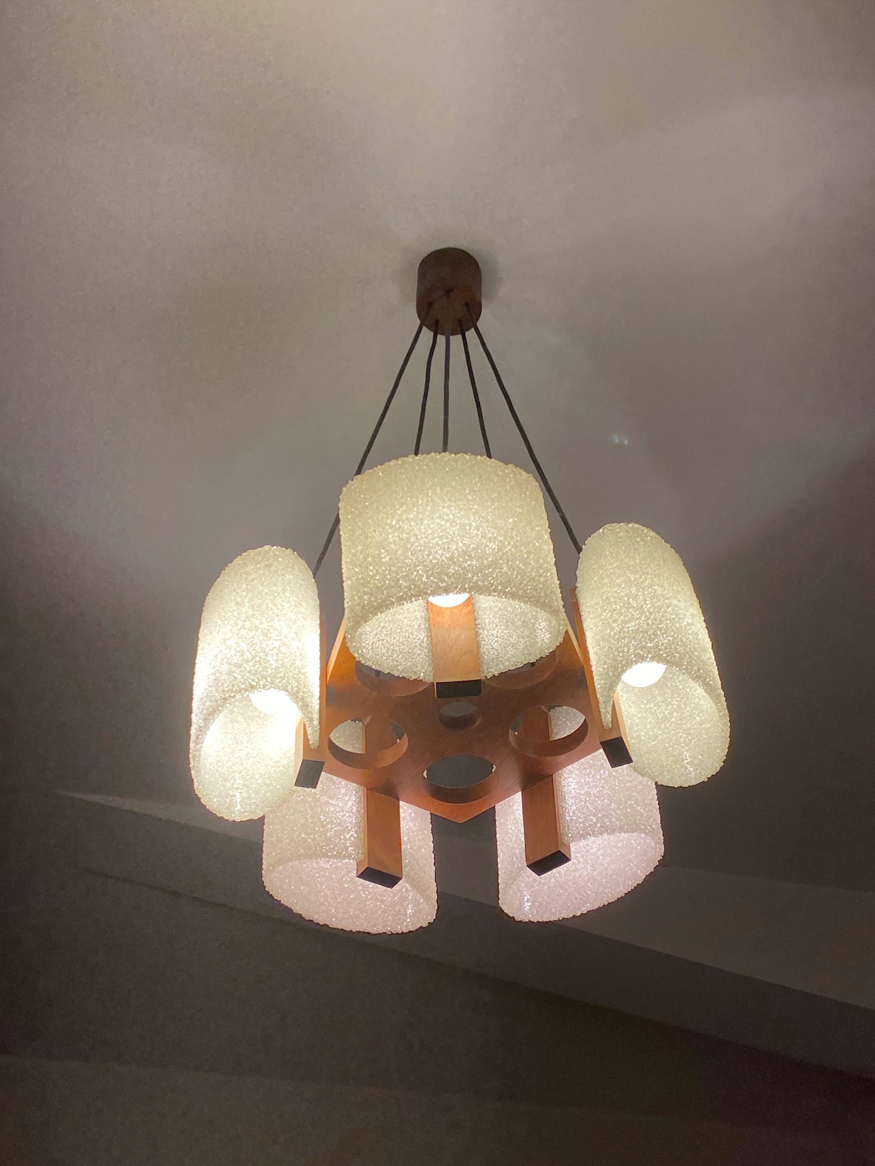 Celluloid Scandinavian teak pendant chandelier from the 60s