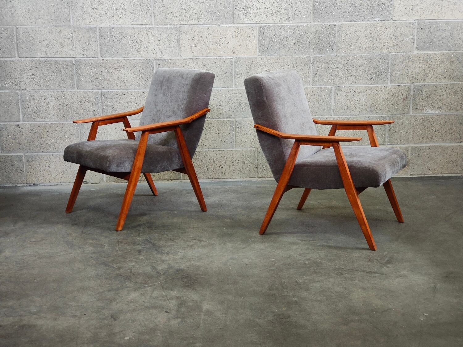 Pair of armchairs czechoslovakian midcentury renovated gray velvet