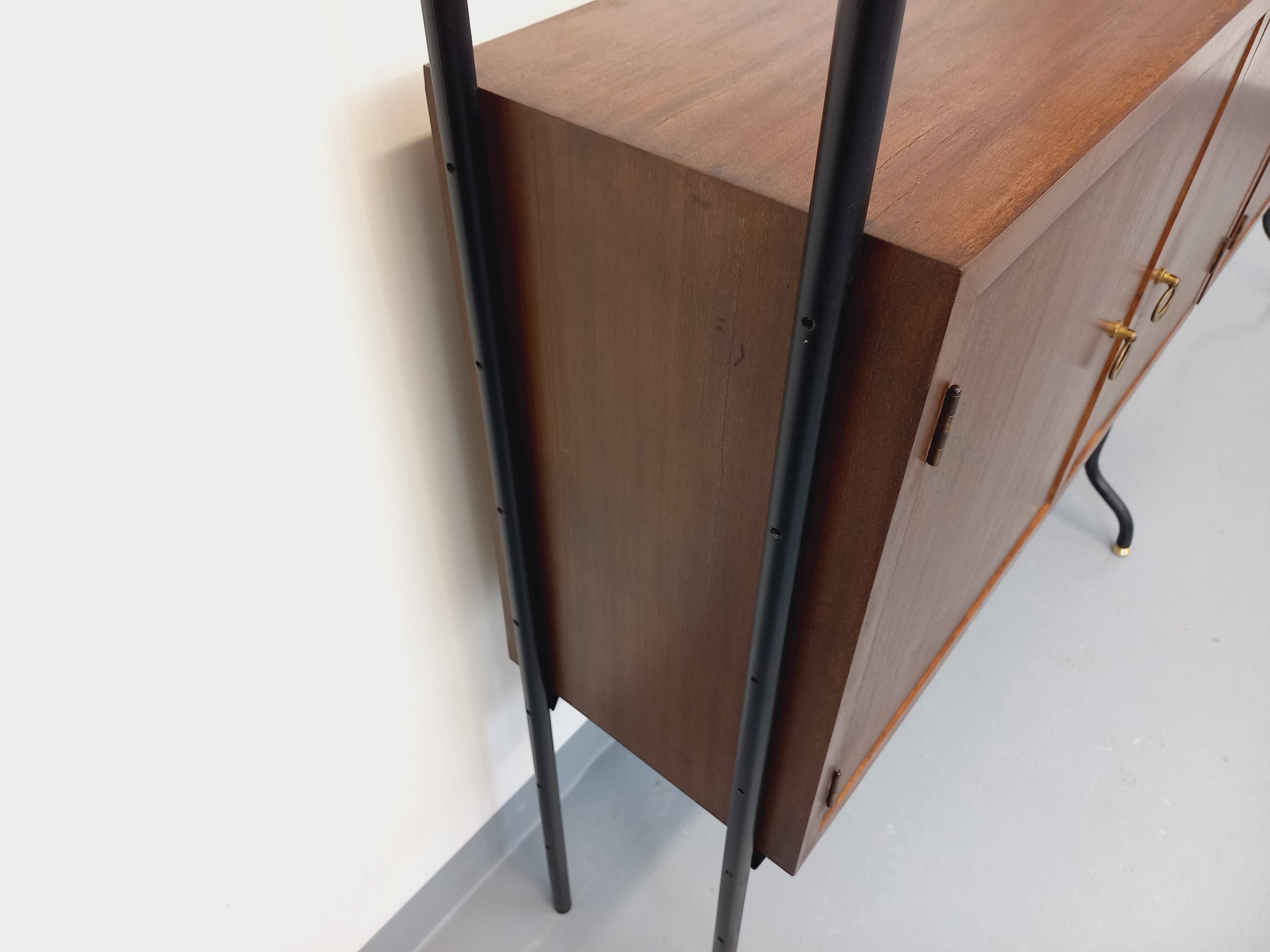 Vintage Italian double modular bookcase in wood and metal