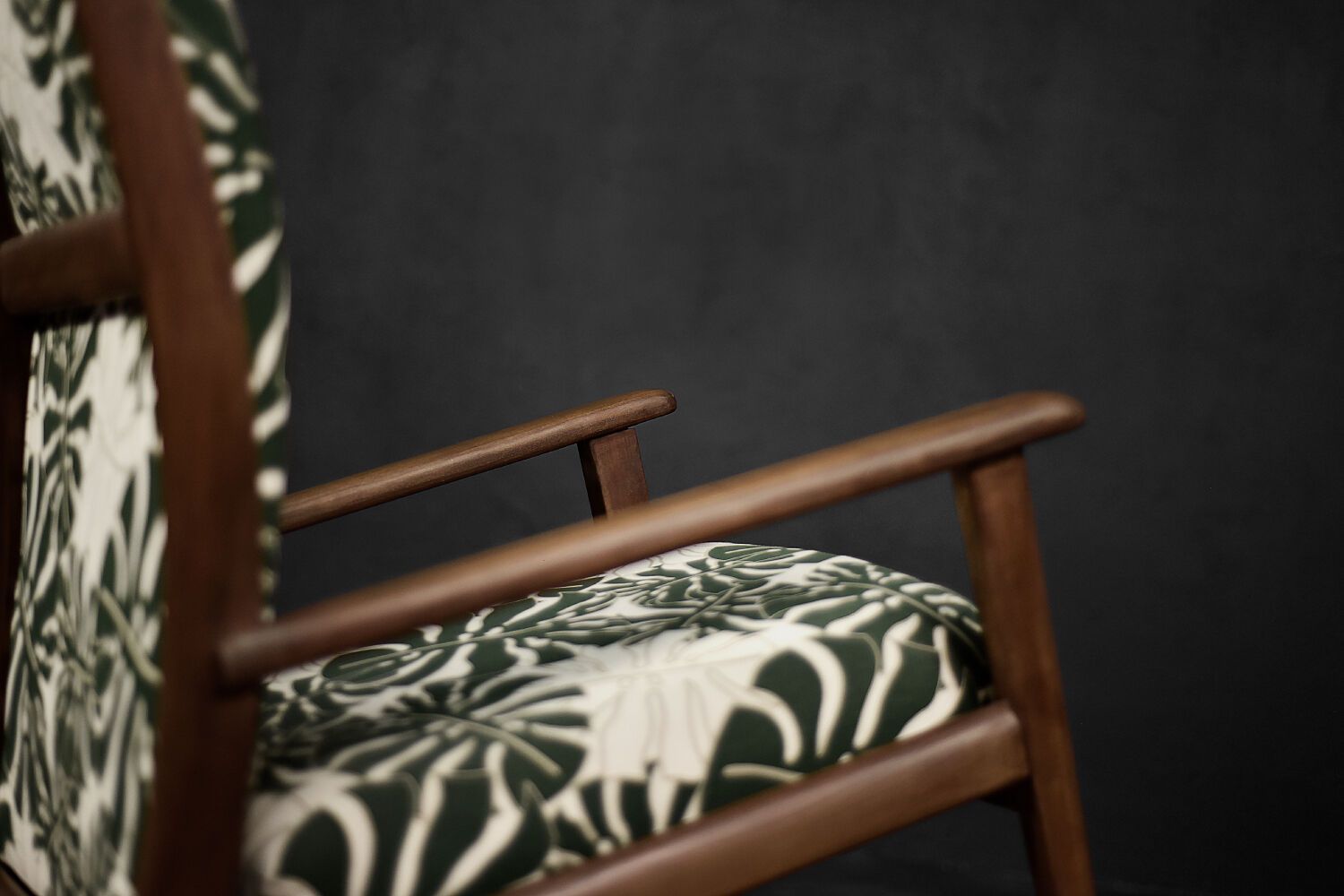 Vintage Mid-Century Danish Modern Rocking Chair in Wood and Monstera Leaf Pattern Fabric, 1960s
