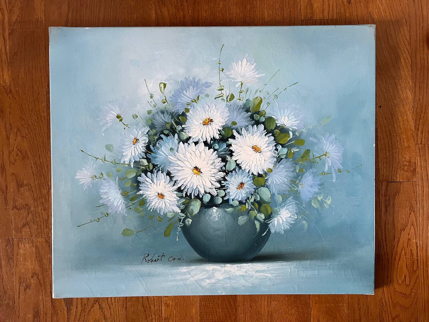 Tableau : huile sur toile nature morte au bouquet de Dalhias blancs
