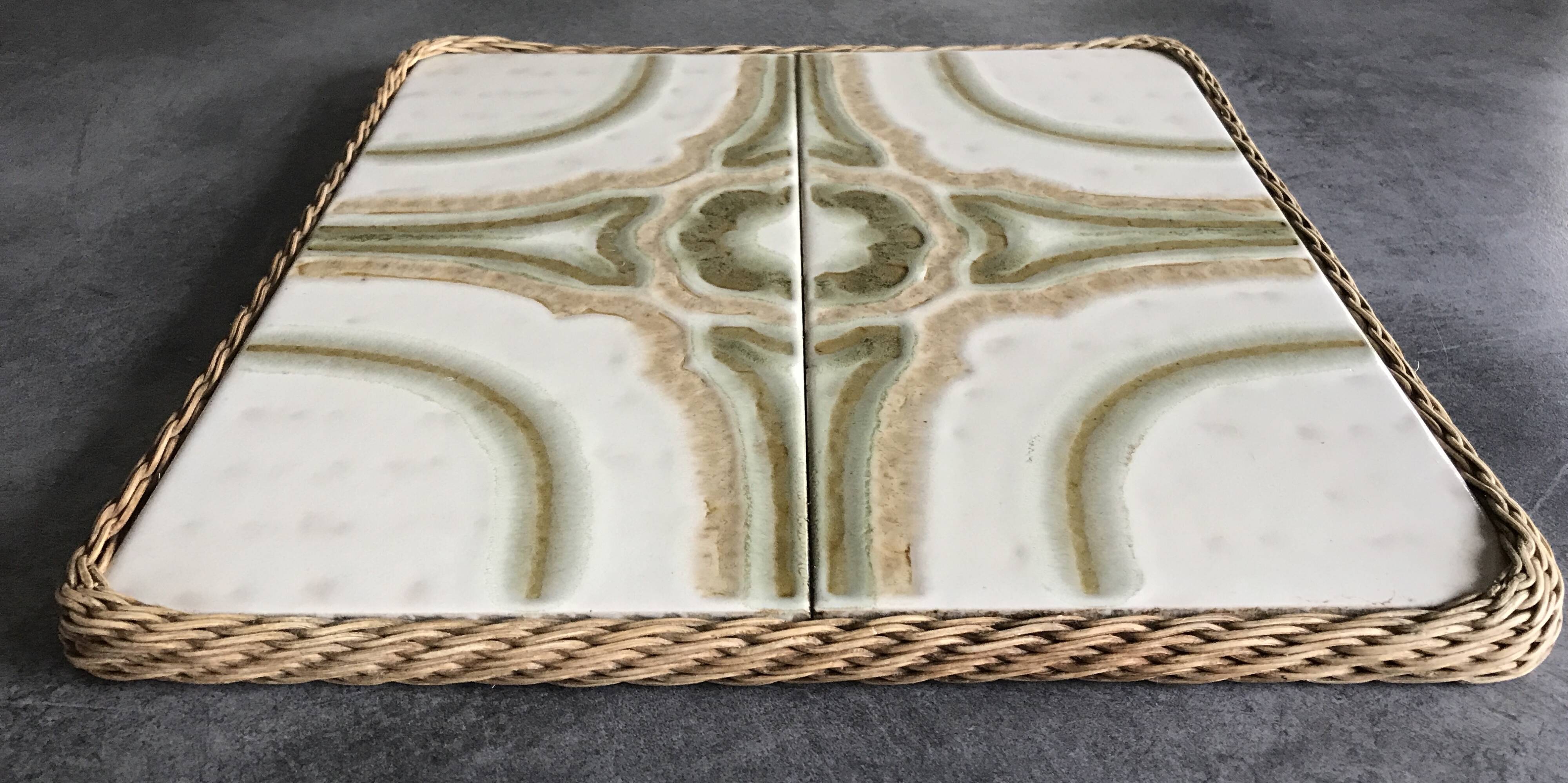 Ceramic tile trivet with vintage pattern woven wicker outline