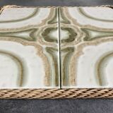 Ceramic tile trivet with vintage pattern woven wicker outline