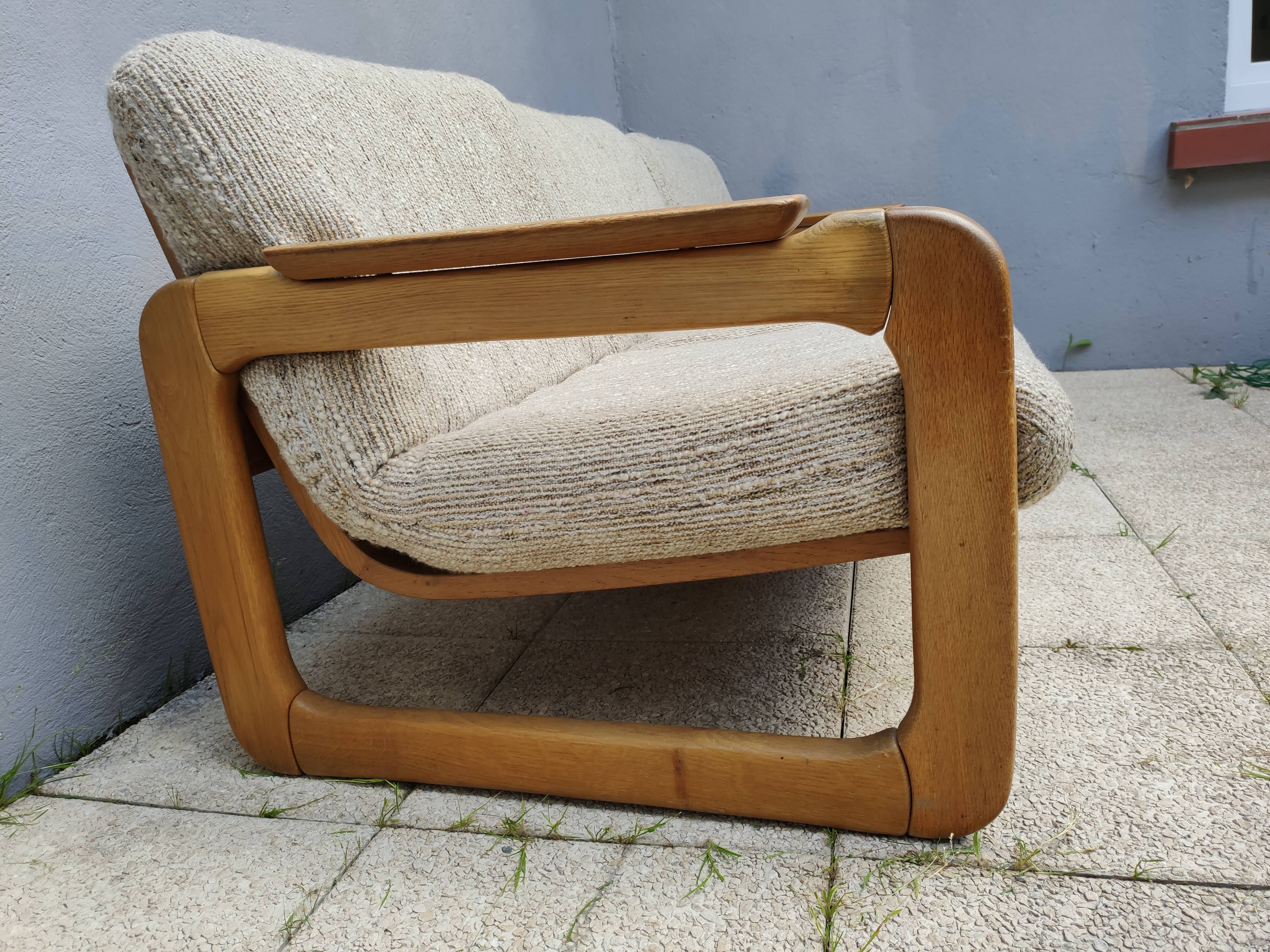 Set of 3-seater sofa + sled chair, 60/70's in oak