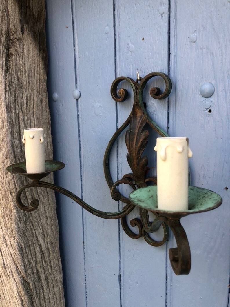 Art Deco Wrought Iron Wall Sconces: French Tole Twin Arm Lights