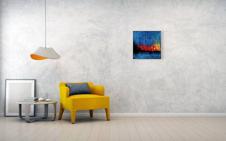 Contemporary abstract artwork in blue, red,black, yelow on stretched canvas