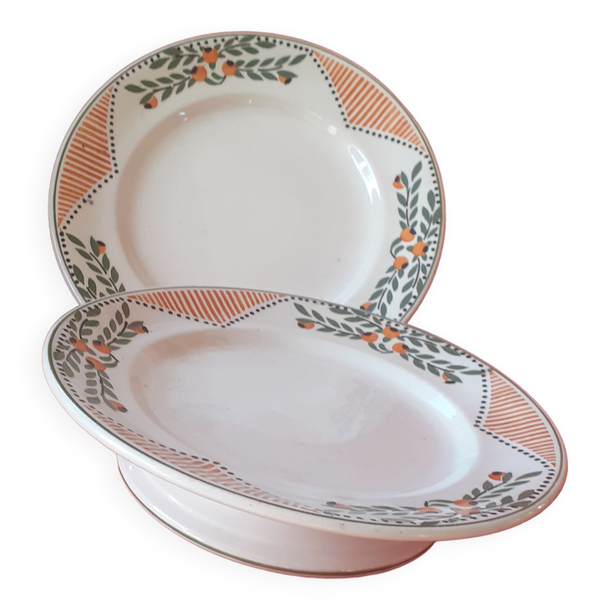 2 dishes Longwy., small foot shower. Hand-painted enamelled. Model Antibes.