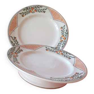 2 dishes Longwy., small foot shower. Hand-painted enamelled. Model Antibes.