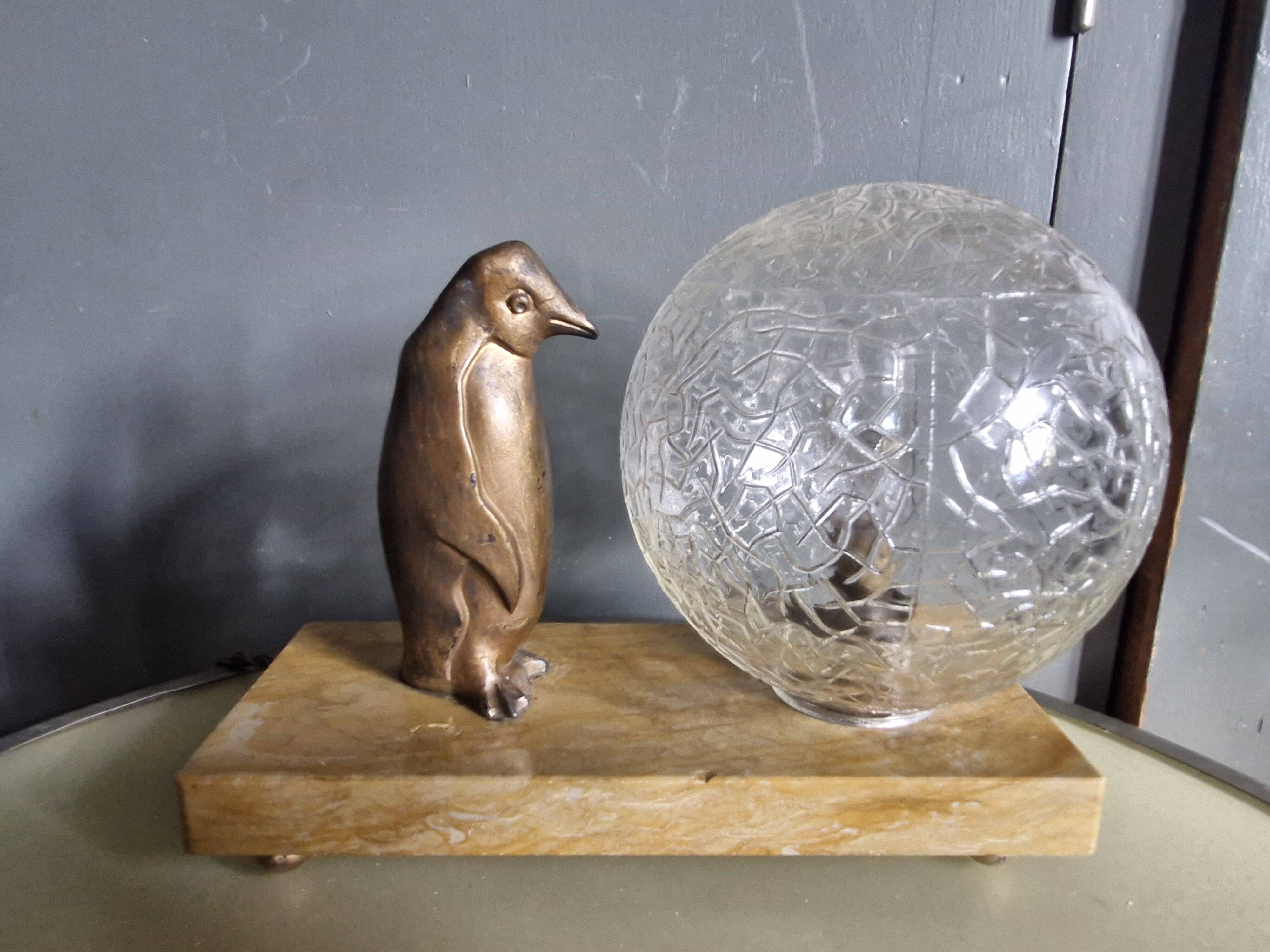 Lamp / Art Deco Night Light Penguin & Cracked Glass Globe on Base