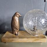 Lamp / Art Deco Night Light Penguin & Cracked Glass Globe on Base