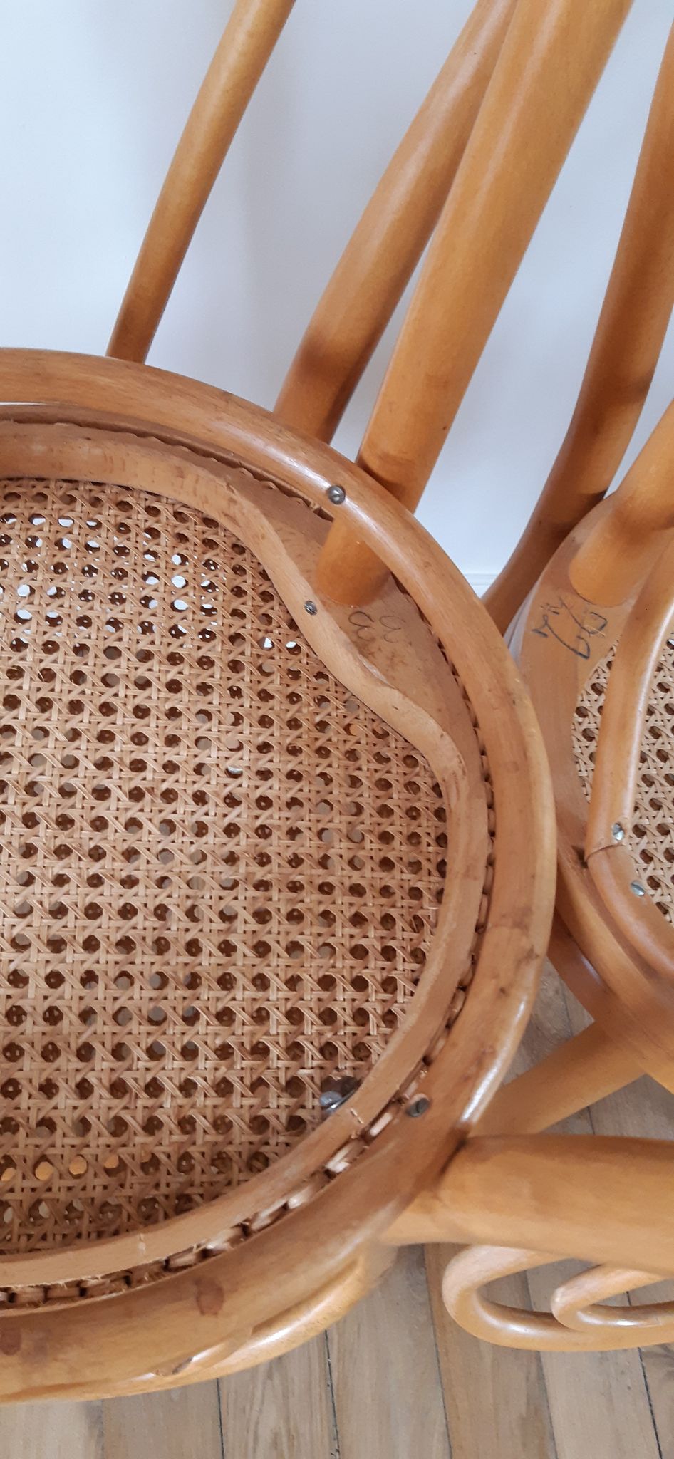 Set of 4 bistro chairs in turned wood and cannage rattan 50s