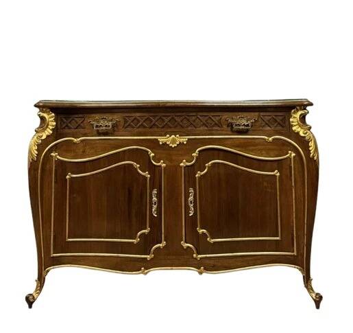 Louis XV style chest of drawers with curved Venetian doors in mahogany and gilded wood