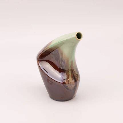 Vase asymétrique en grès à ouverture inclinée - turquoise et marron