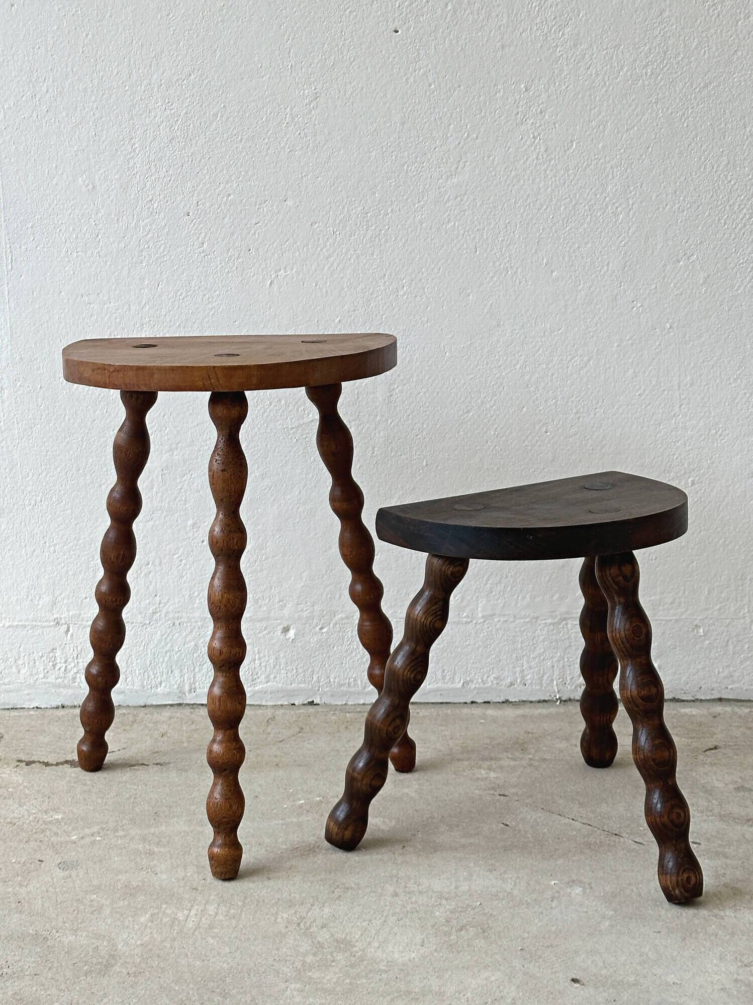 2 antique solid wood stools with turned legs