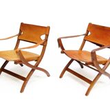 Two 1950s Danish Safari Chairs In Oak & Hide Leather by Poul Hundevad