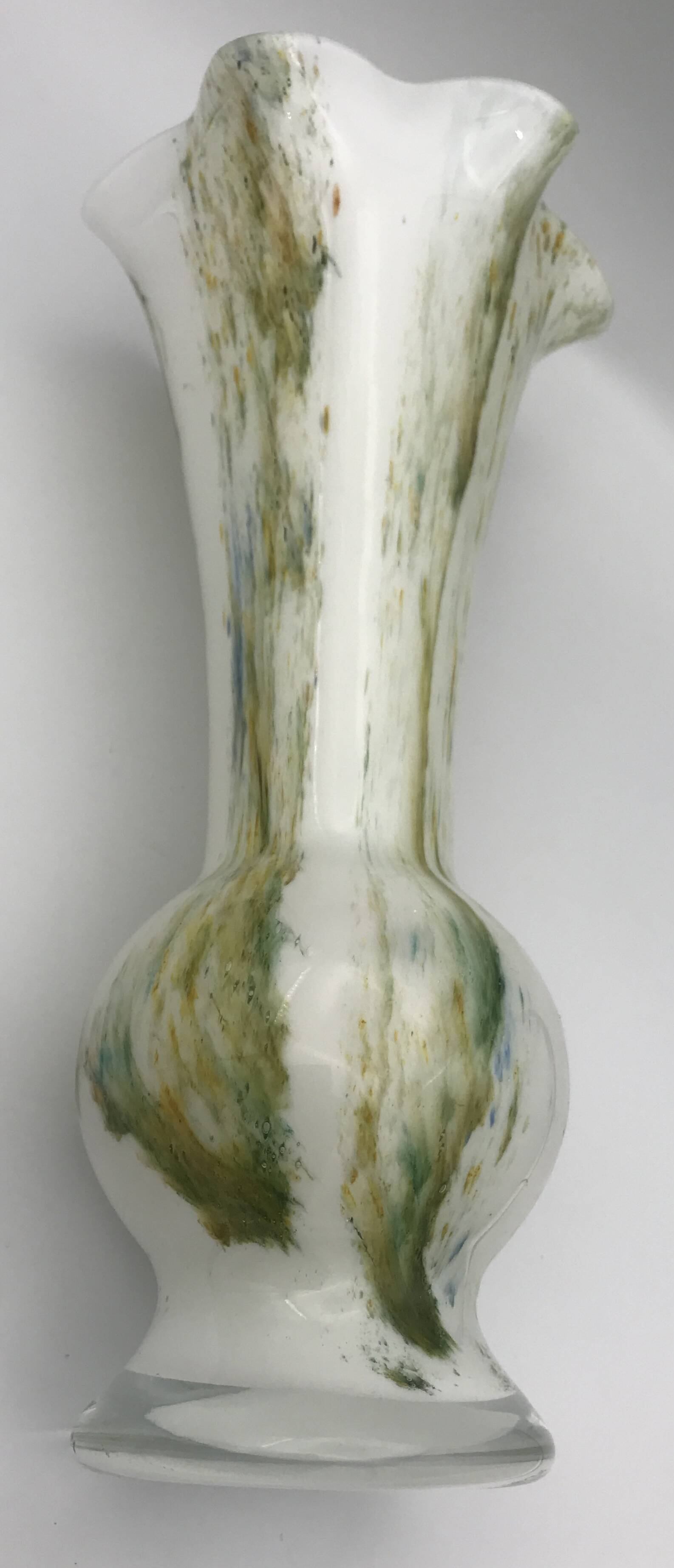 Vase in white opaline blown glass and green, yellow, blue polychrome shades