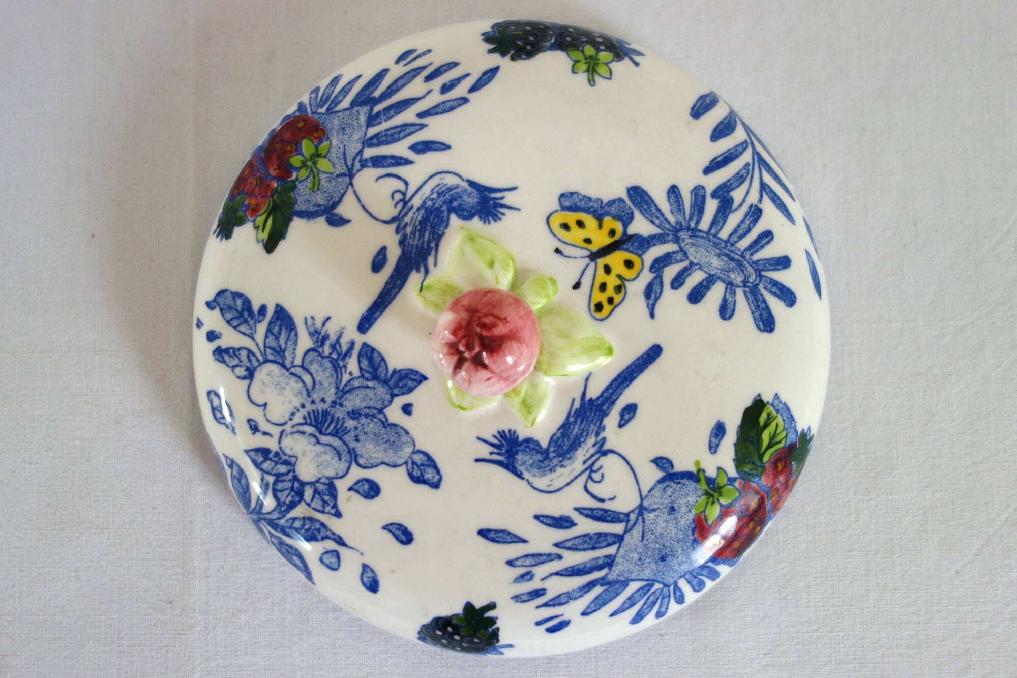 Gien earthenware candy box, vintage Blue Bird model