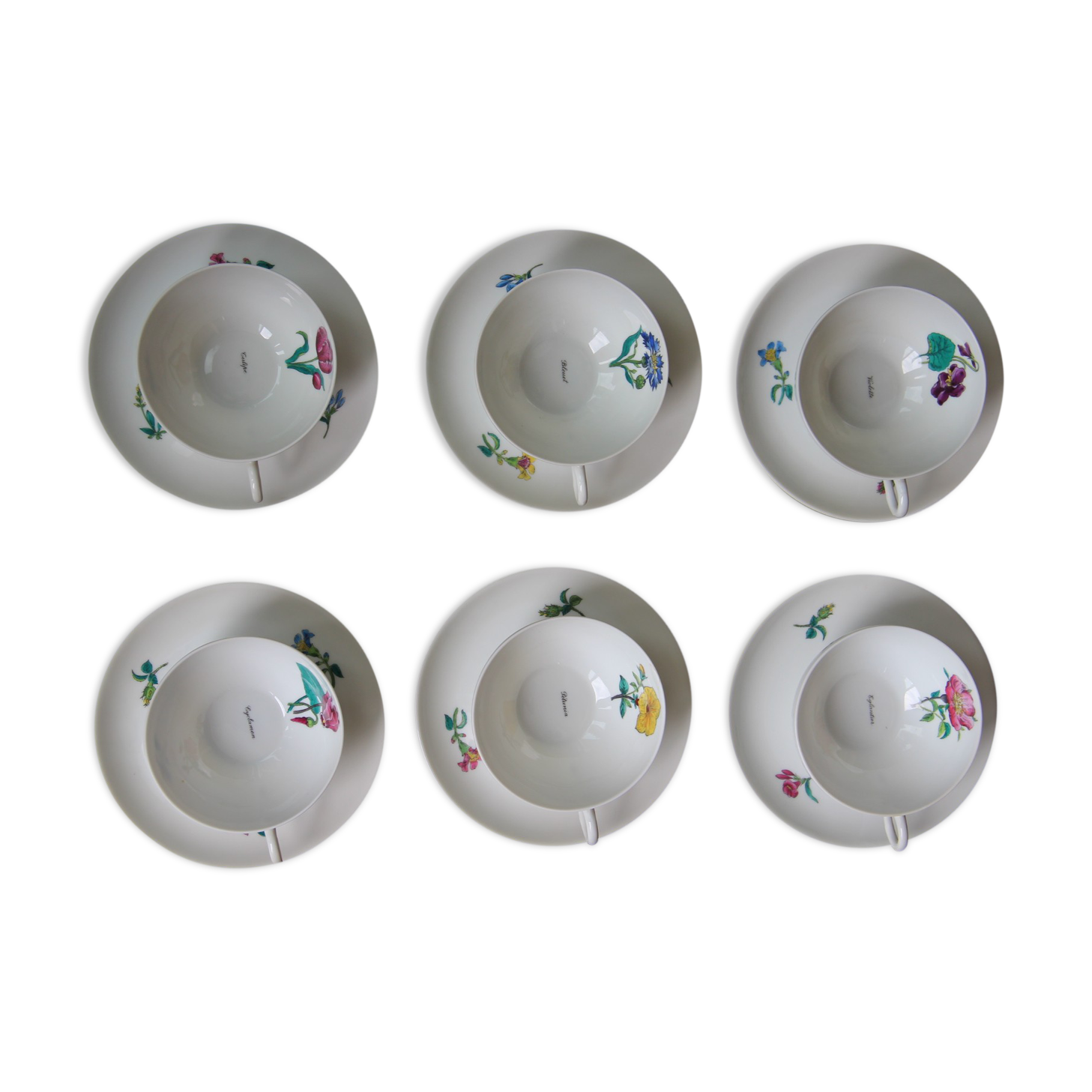 6 cups and sub-cups NBD Limoges illuminated by hand, floral patterns