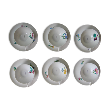 Set de 6 tasses et sous-tasses NBD Limoges enluminées à la main, motifs fleuris