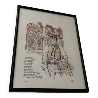 Framed lithograph "Corto Maltese - La Mesquita" by Hugo Pratt. Signed and numbered 509/999. 1989