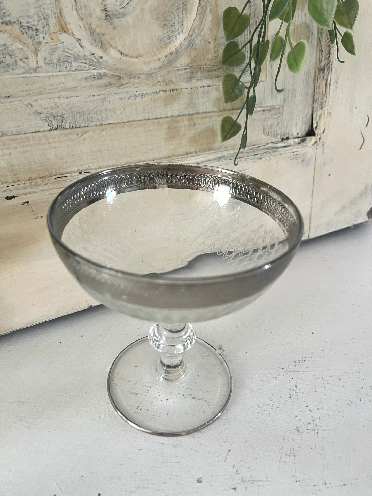 Etched silver rim cocktail coupe glasses set mid century barware