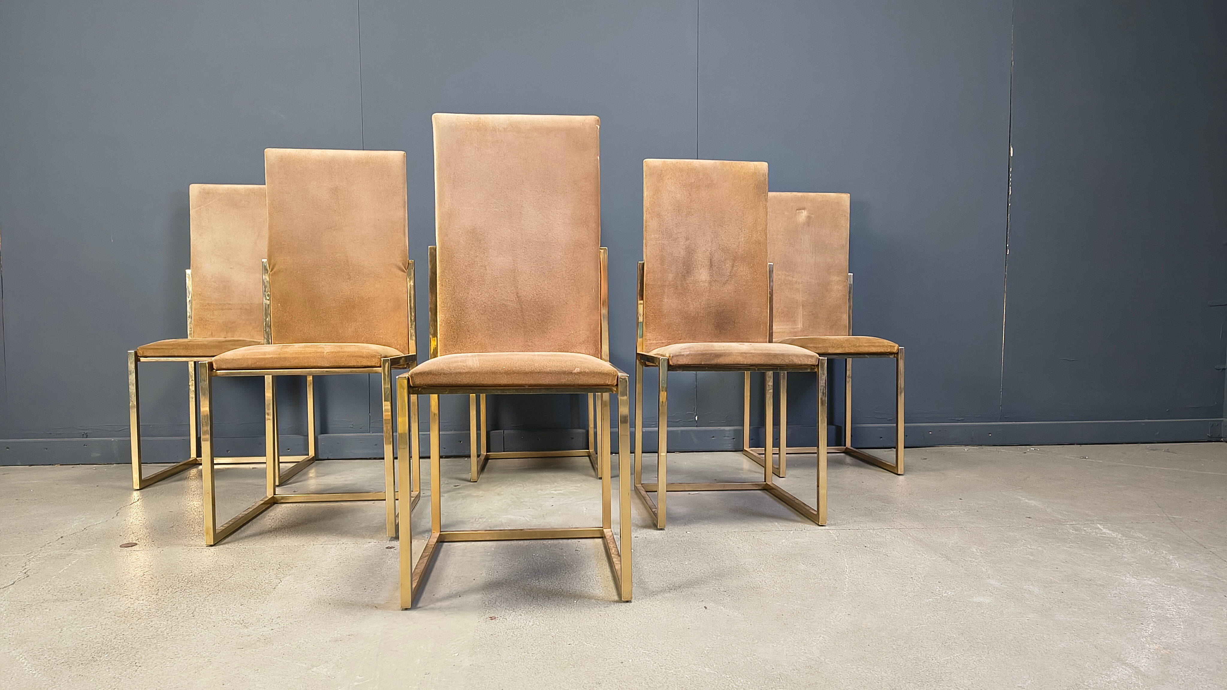 Vintage brass and alcantara dining chairs by Belgochrom, 1970s