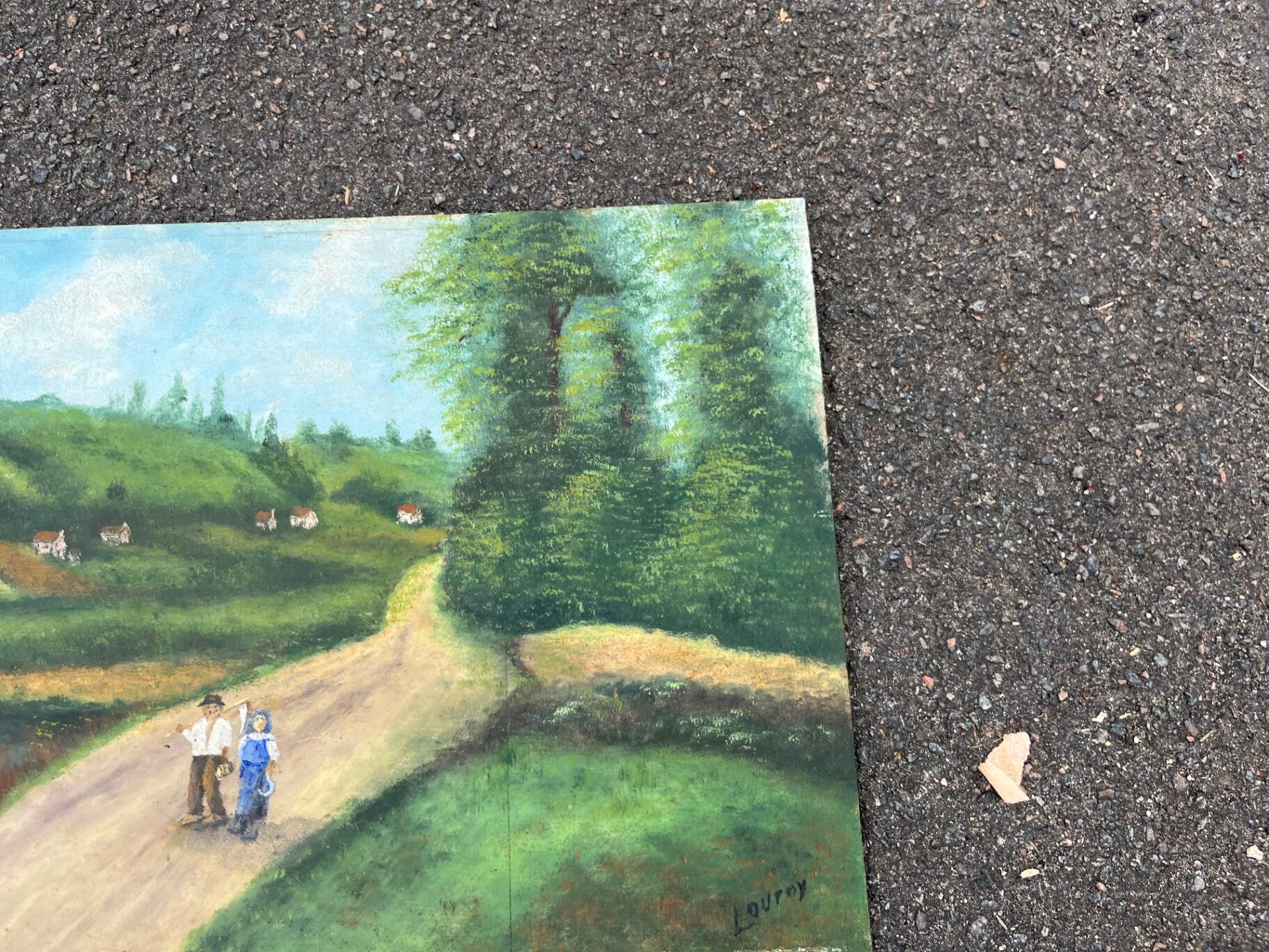 Oil painting landscape countryside signed Louroy - Characters