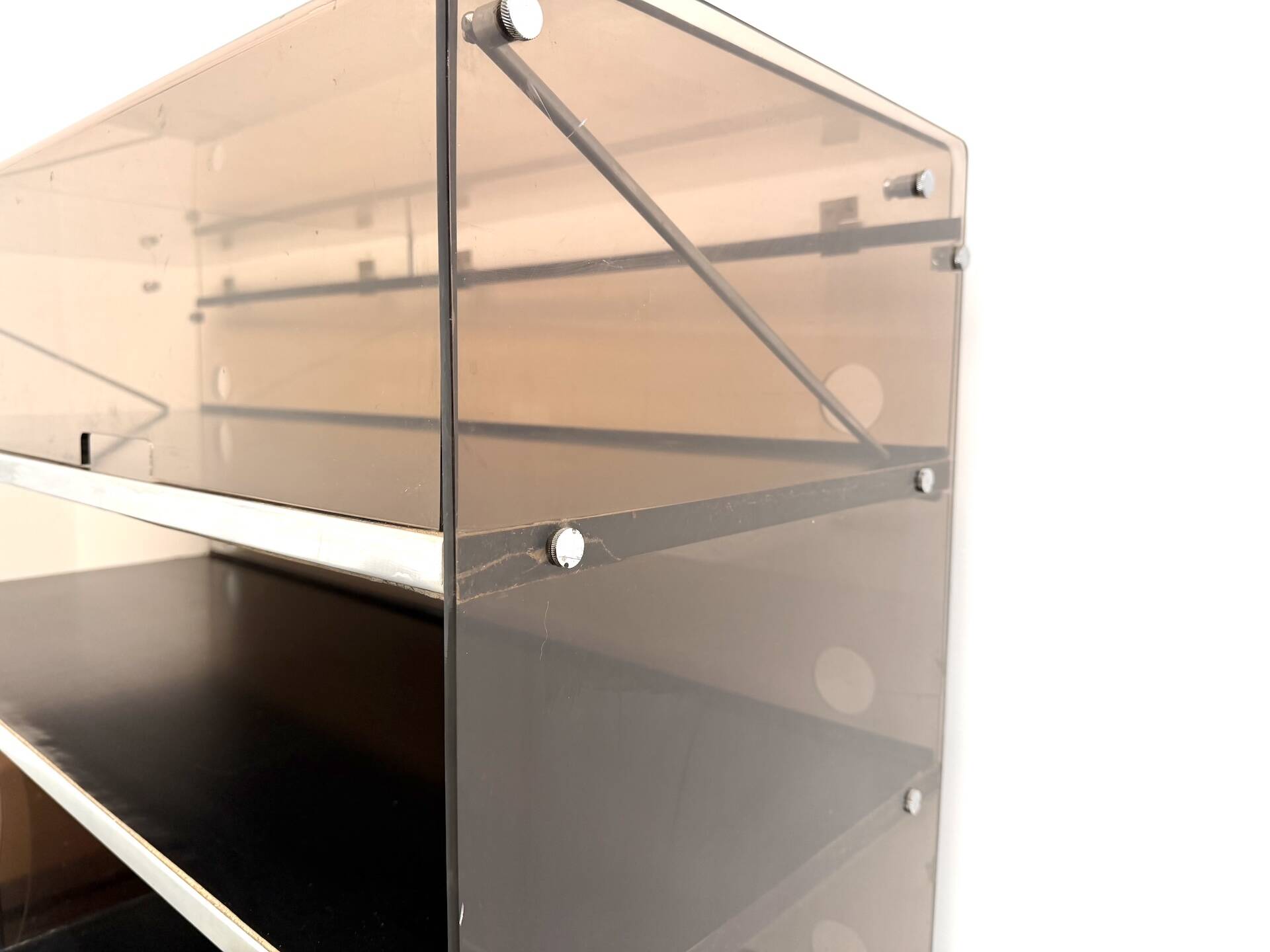 Hi-Fi furniture in smoked plexiglass and aluminium, Eric Maville