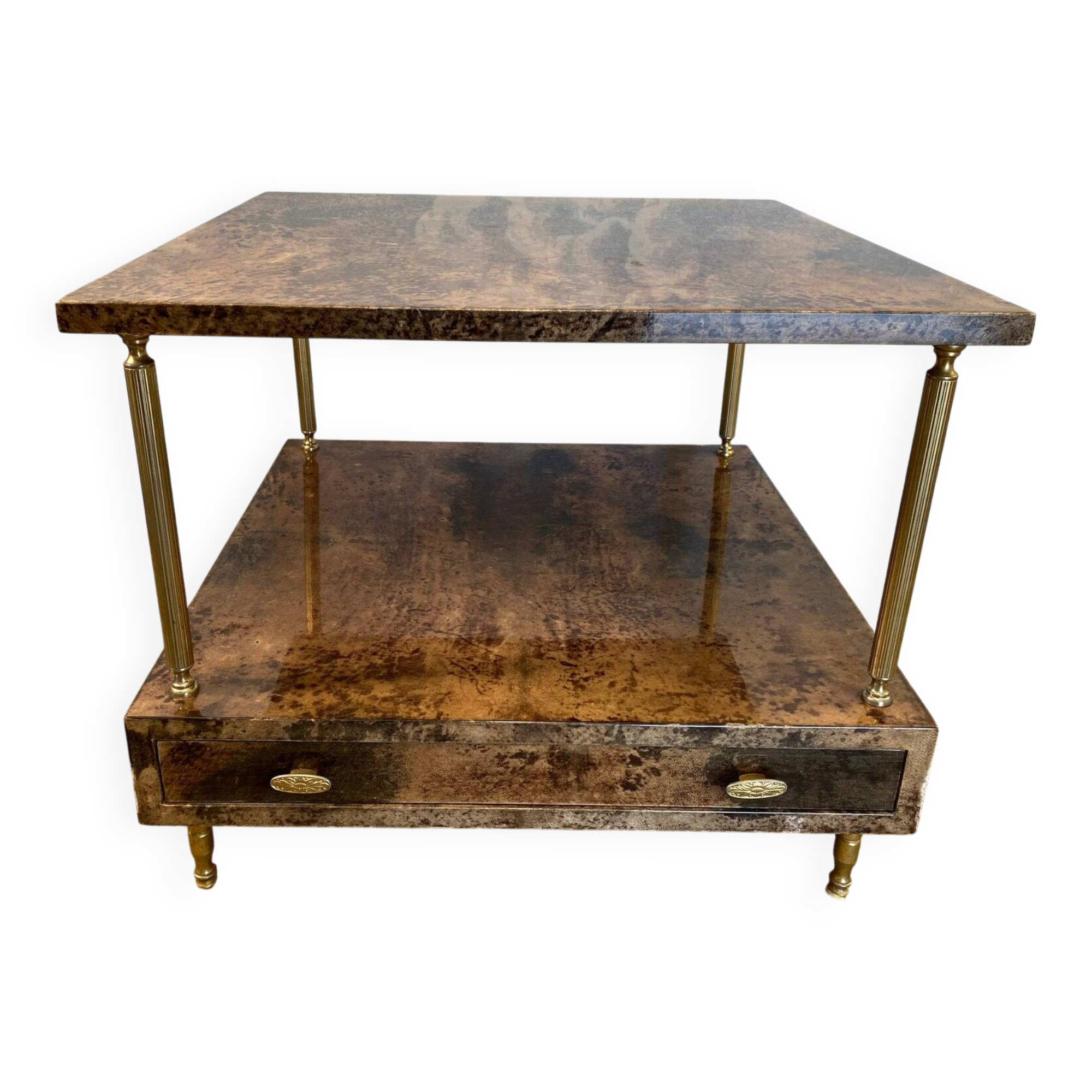 Aldo Tura side table in hazel brown tones with brass legs and bottom drawer