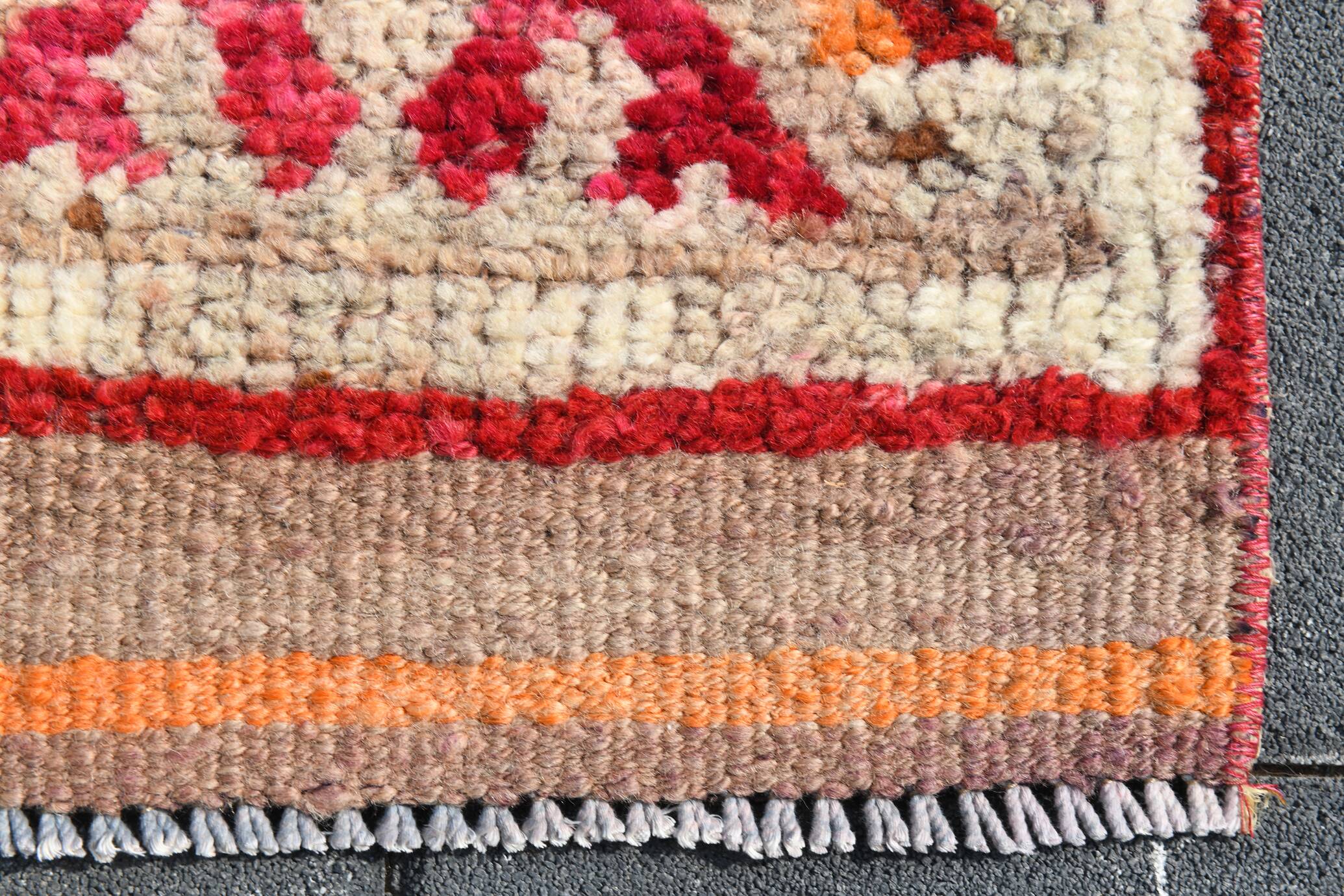 Tapis de Couloir Turc Vintage, Laine Rouge & Beige Géométrique, 83x388 Cm