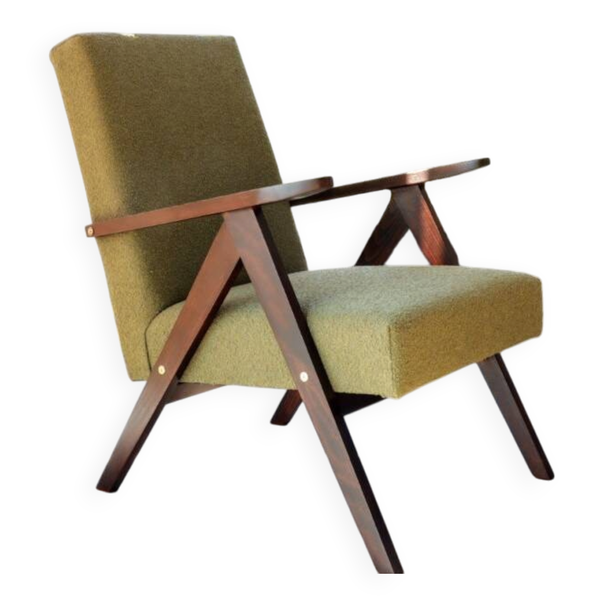 Vintage armchair in moss green bouclé design by H. Lis.