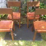 Series of 4 vintage chairs with elm base and brown leather seats in the Pierre Chapo way.