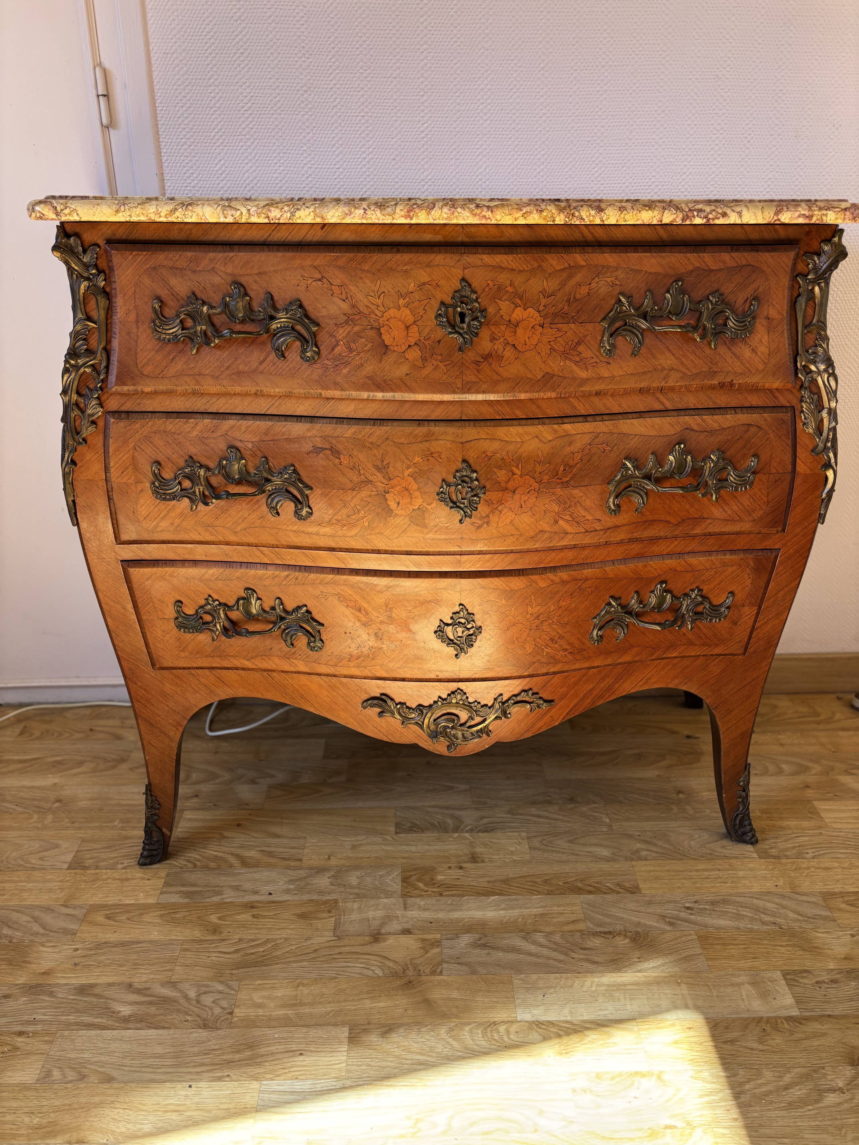 Curved Louis XV style commode with marquetry + marble top