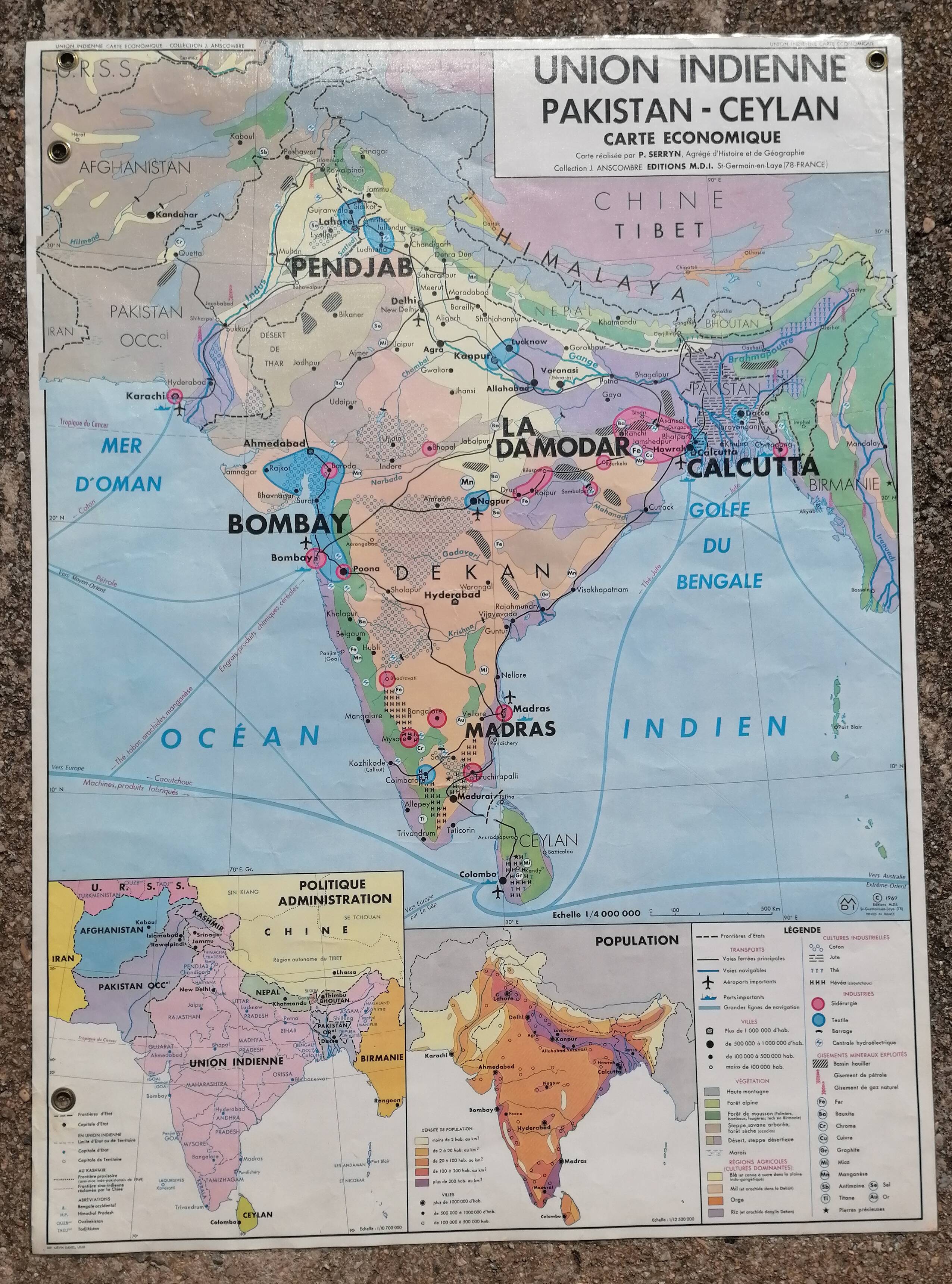 Old school map MDI Indian Union Pakistan Ceylon / Japan Korea