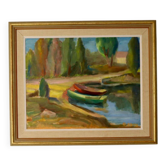 Peinture à l'huile sur panneau originale suédoise du milieu du siècle " Bateaux " par E Skoog - Vintage et encadrée