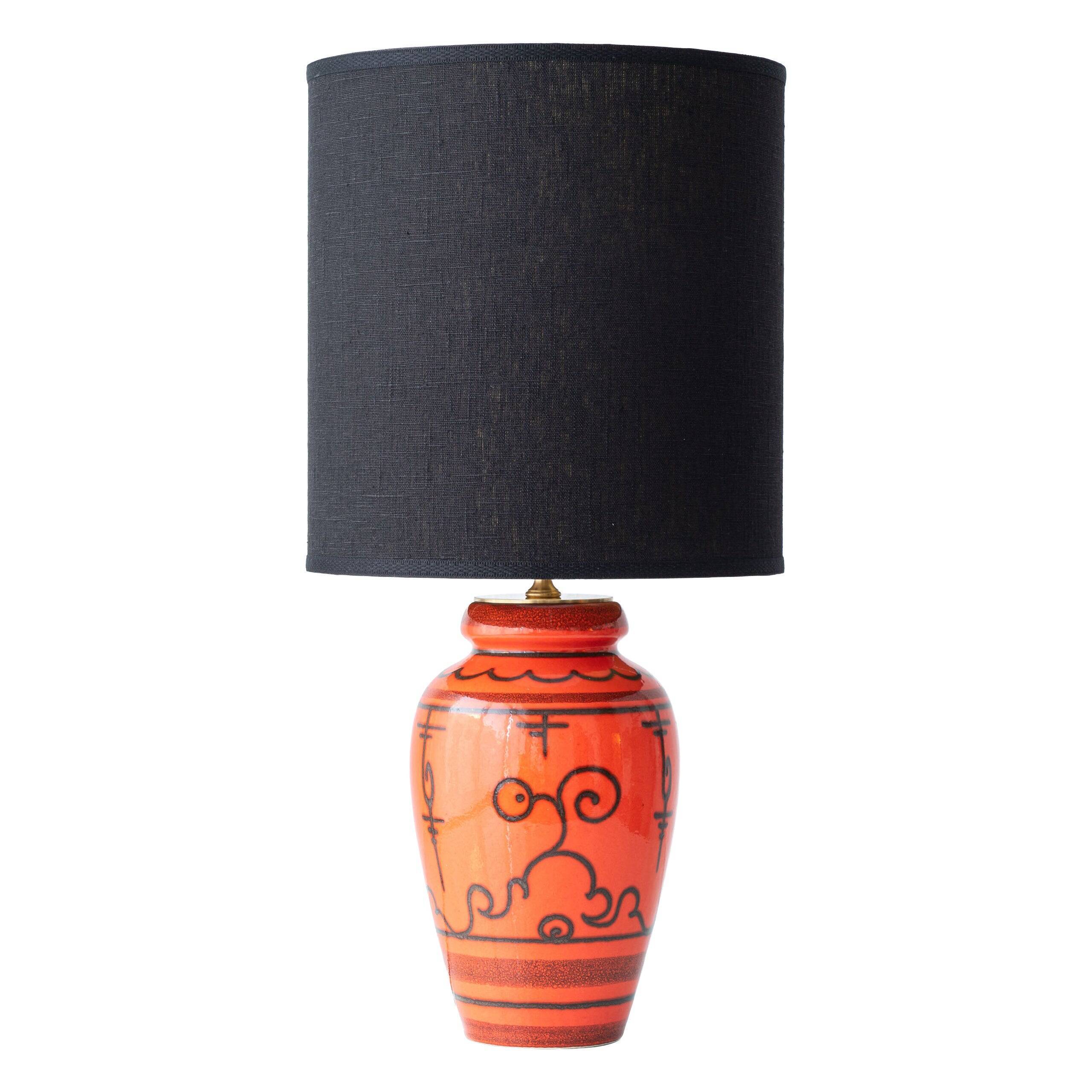 Ceramic table lamp Dutch Orange Gouda “Tokio”, 1970s, black linen shade