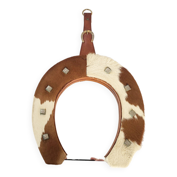 Miroir fer à cheval en peau de vache 1970 vintage