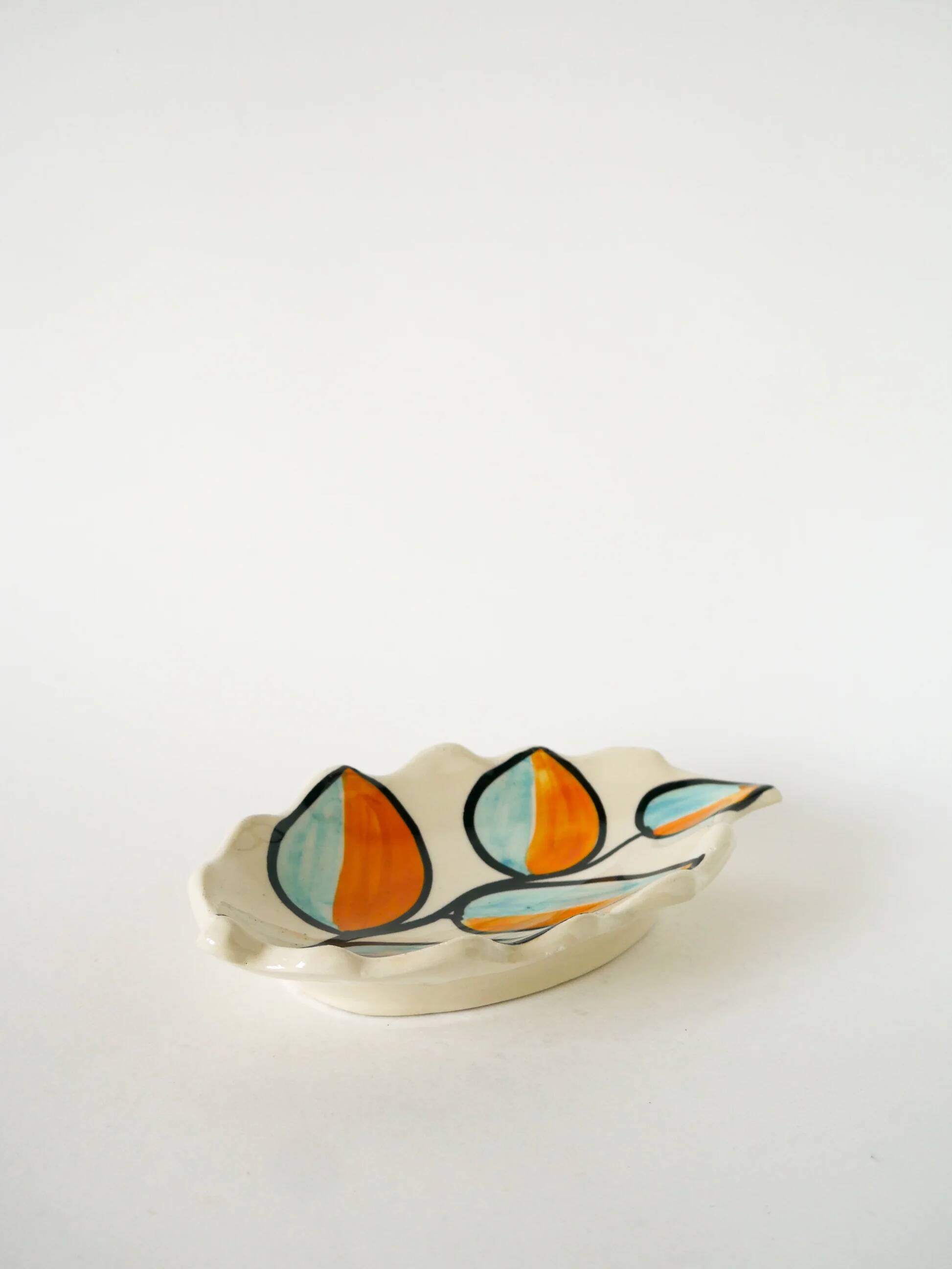 Ceramic catchall, leaf shape, orange and blue, psychedelic, 1970.