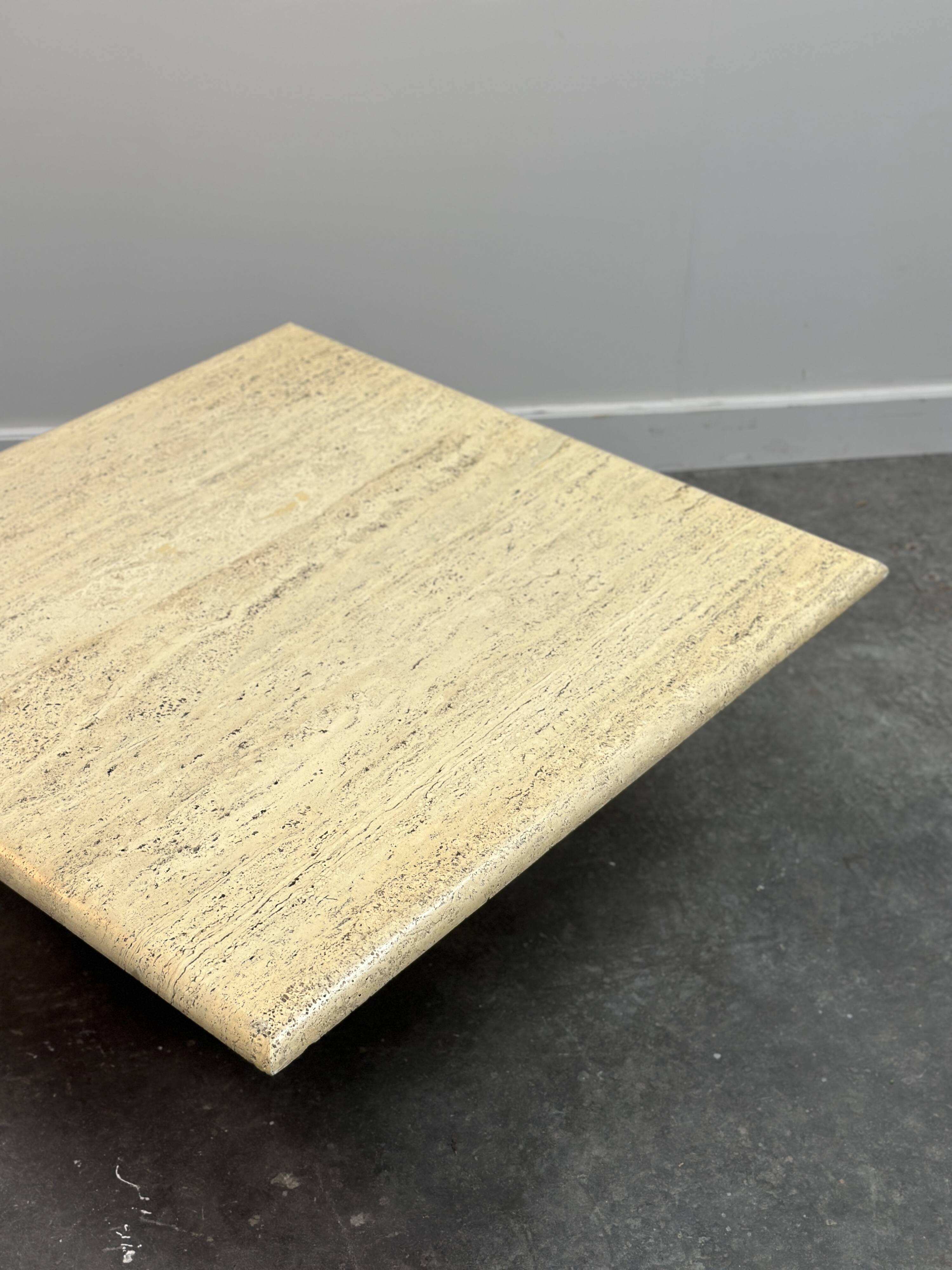Large Vintage Brute Travertine Square Coffee Table, France 1970s.