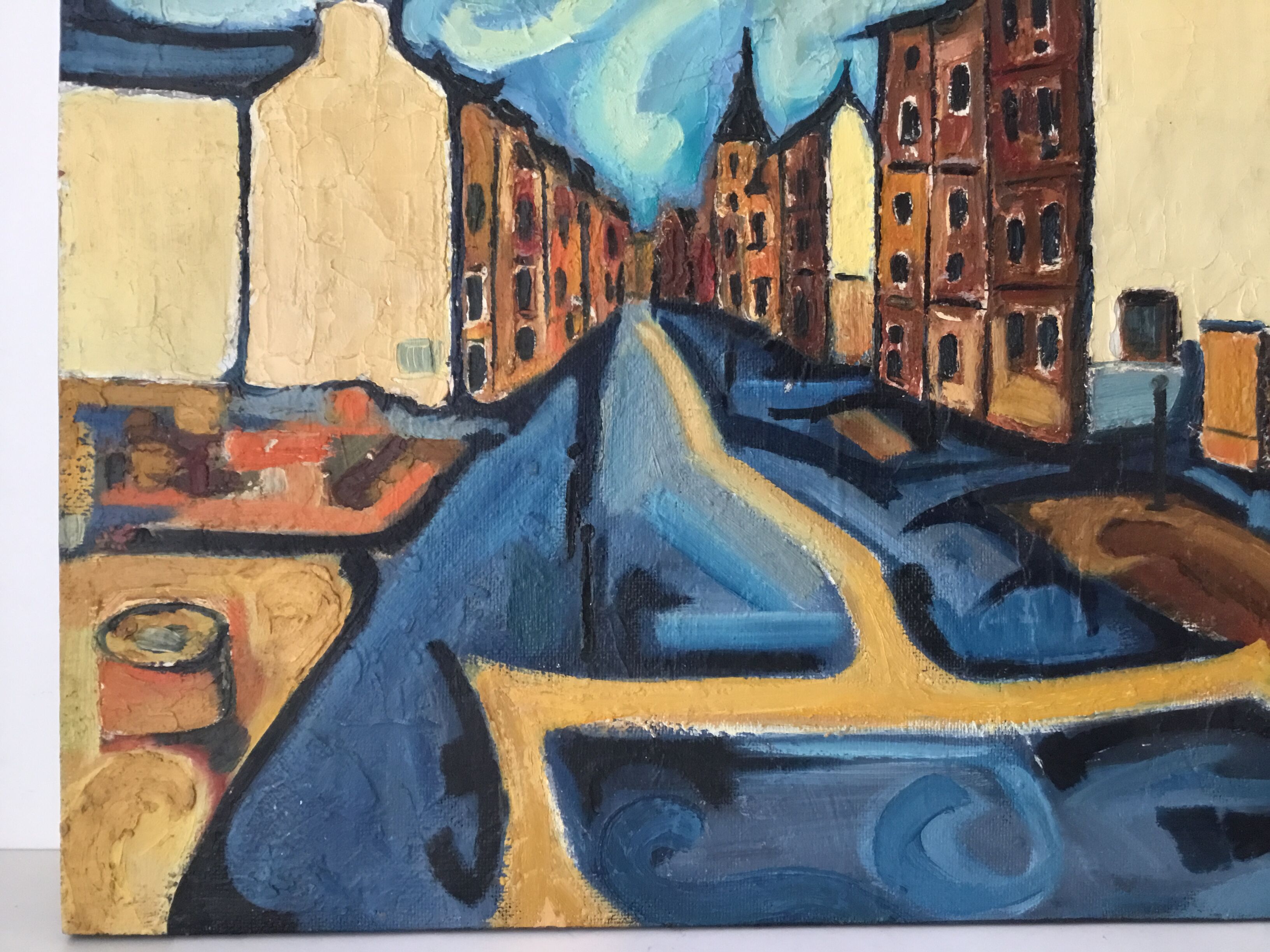Painting painted on wood "village under the storm"