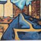 Painting painted on wood "village under the storm"