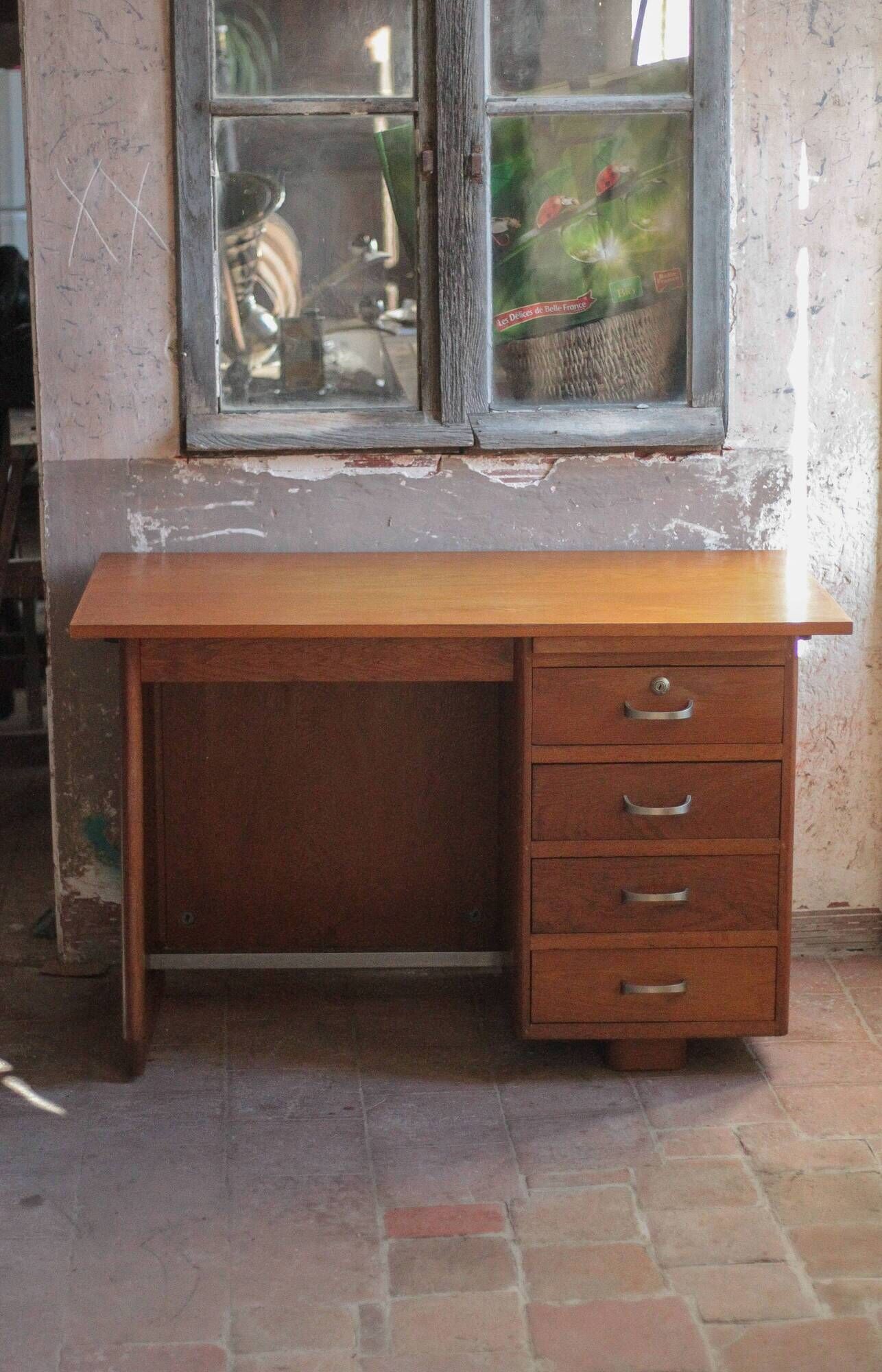 Vintage desk, children's wooden desk in art deco style, desk with drawers