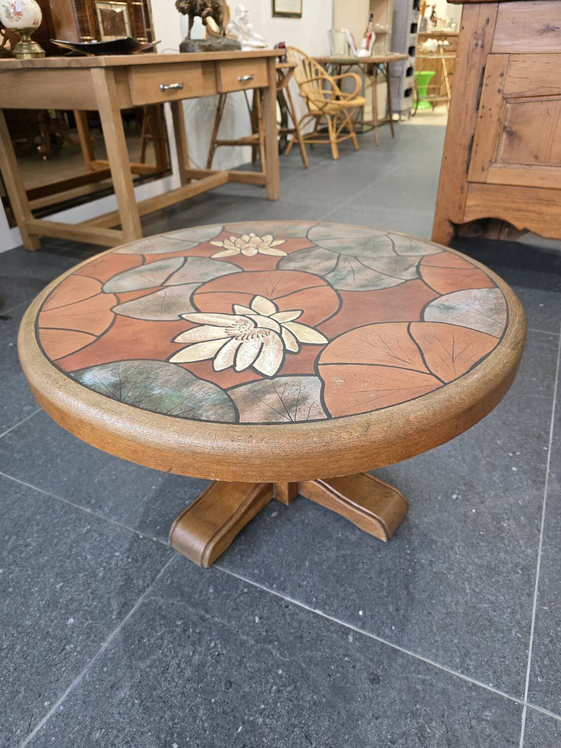 Vintage coffee table - Signed Barrois in glazed ceramic and wood - Déc