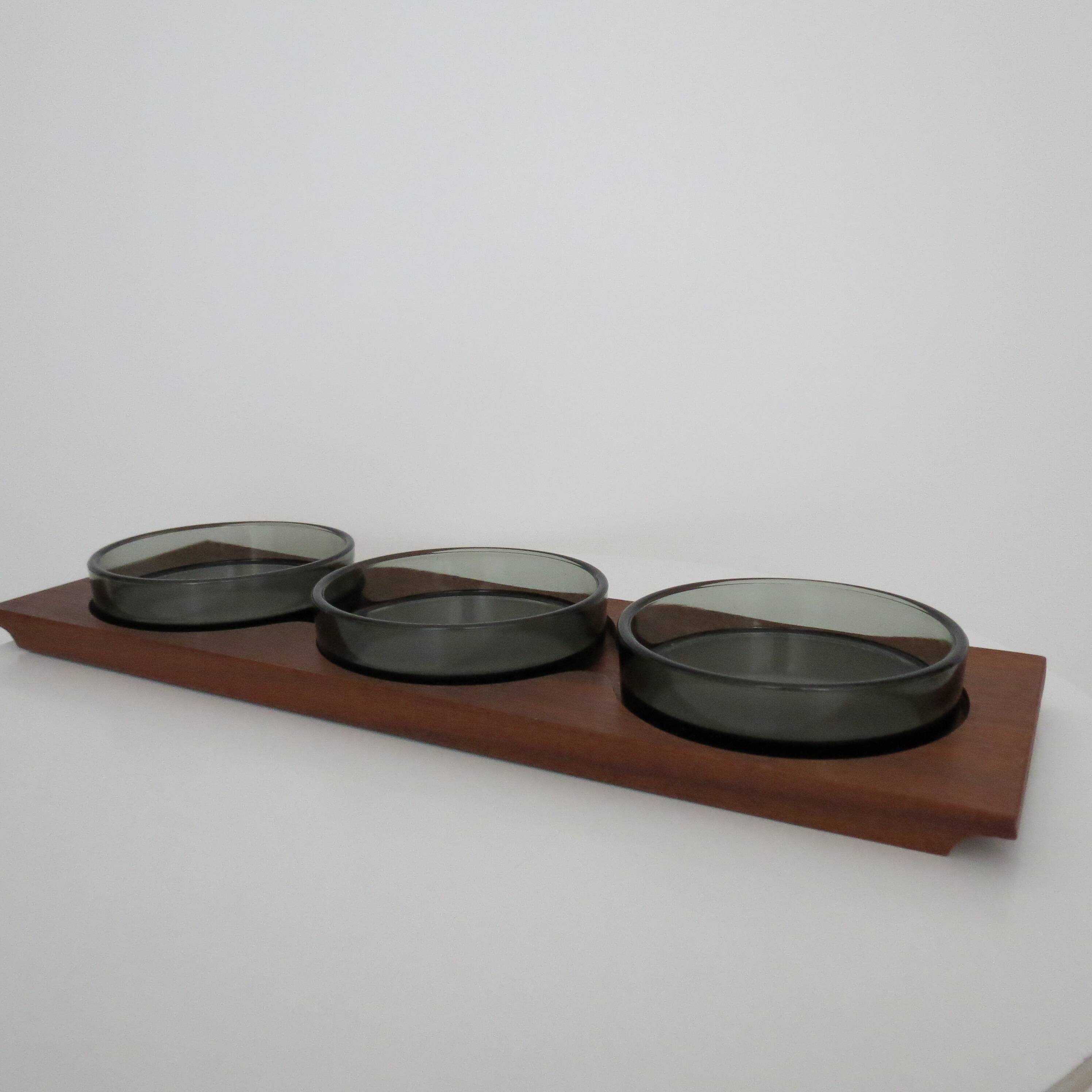 1960s  Mid Century Teak And Glass Serving Dishes on Tray