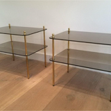 Pair of brass sofa ends and smoked glass trays