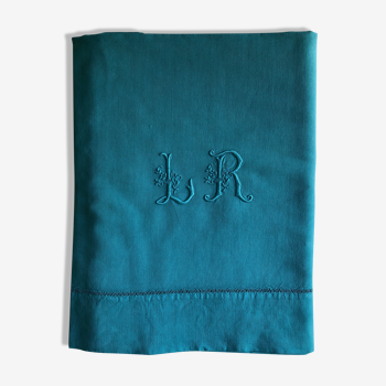 Drap ancien en lin et coton teinté en bleu vert