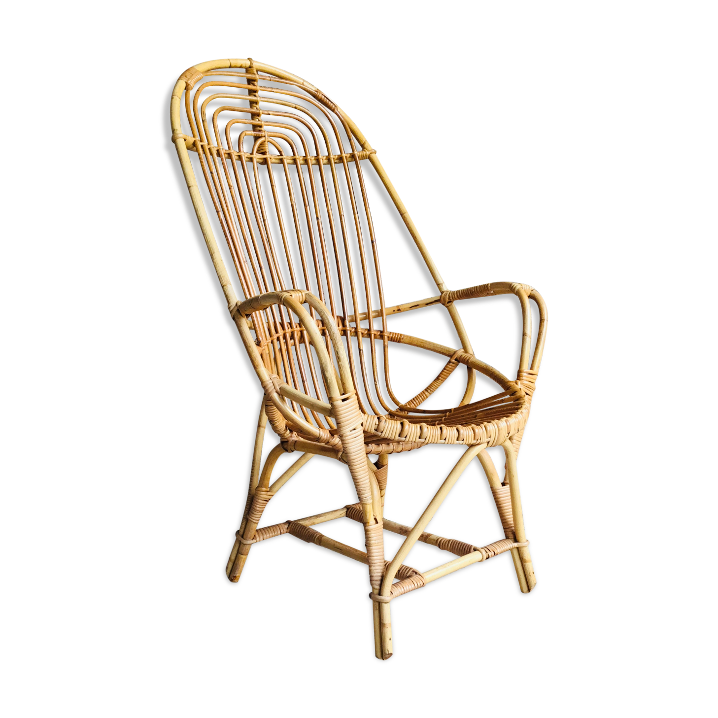 Large rattan armchair with armrests - vintage 1960