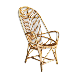 Fauteuil en rotin coquille à accoudoirs vintage 1960