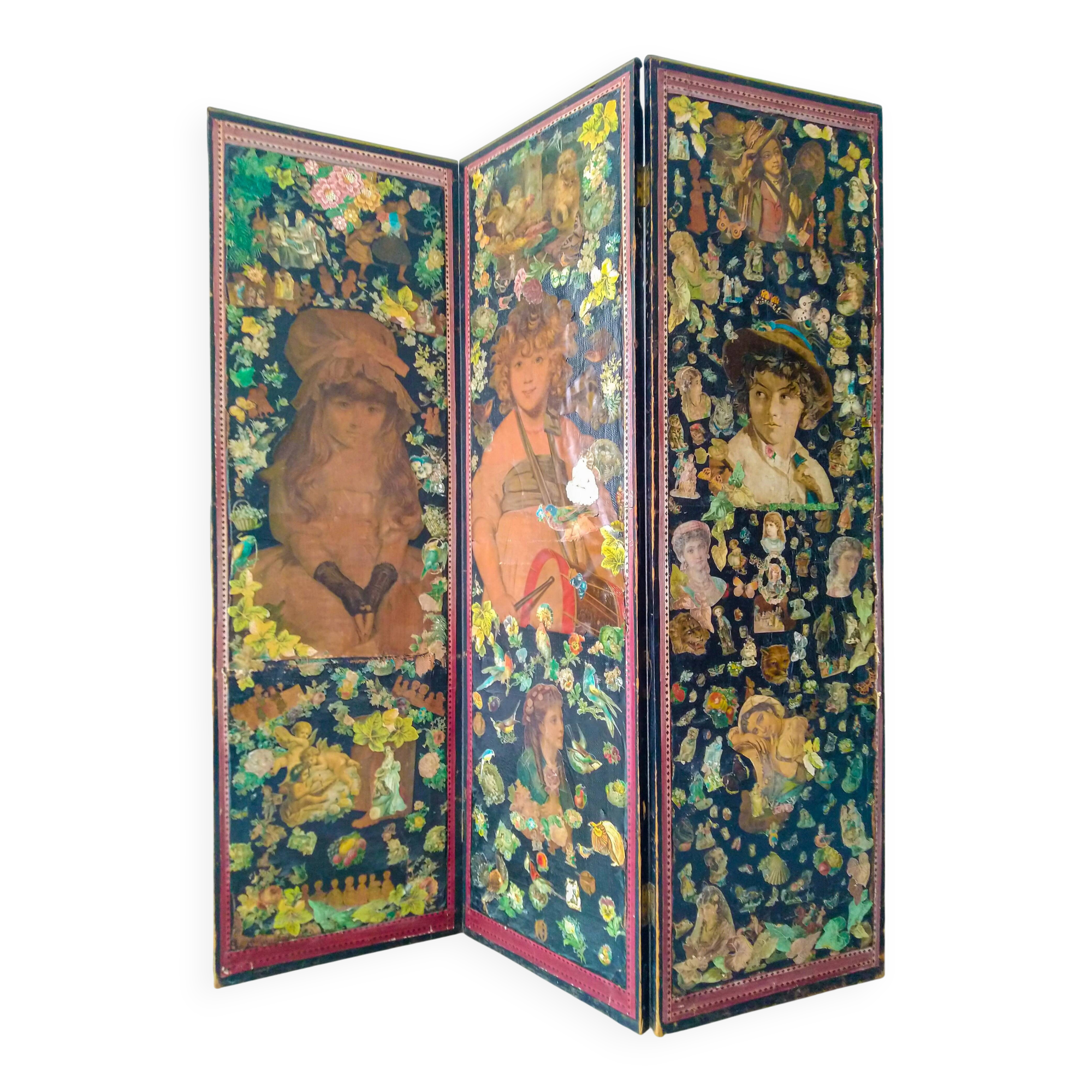 English Victorian 3-panel screen with varnished chromos