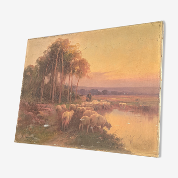 Huile sur toile fin XIX eme signée Brigitte Langevin Moutons au crépuscule